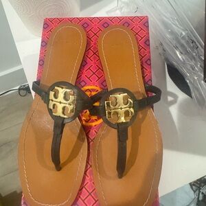 Tory Burch Brown Leather Logo Thong Sandals with Gold Emblem